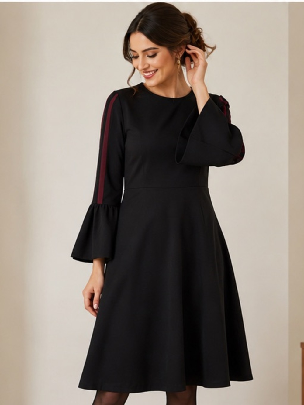 Modest Knee-Length Black Bell Sleeve Dress with Burgundy Stripe